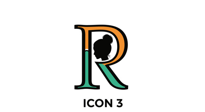Stylized letter R in orange and teal with a silhouette of a woman's head in profile, featuring a bun hairstyle, set against a black background, representing abstract design, branding, and identity.