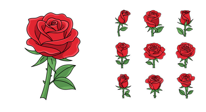 A collection of vibrant red roses, featuring a large, detailed rose on the left and a grid of smaller, stylized roses on the right, all set against a stark black background, perfect for romantic