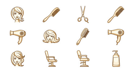 A collection of golden icons representing hair salon and beauty services, including stylish female hairstyles, professional hair dryers, combs, scissors, barber chairs, and a pump bottle of shampoo