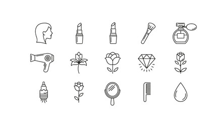 A collection of minimalist white line art icons representing beauty and personal care essentials, including a hairdryer, lipstick, makeup brush, perfume bottle, rose, diamond, comb, and a water