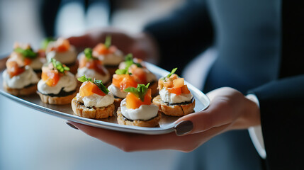 Elegant canapés beautifully arranged on a silver platter, ready to be served. Featuring toast, soft cheese and fresh tomatoes, a light and delicious appetizer option.