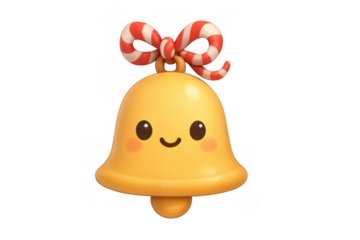 Cute yellow 3d christmas bell icon with candy striped bow, cheering and bringing holiday festivity