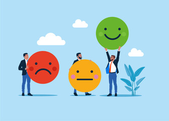 Business people with rating scale. The quality of a product or service, an opinion and a review to evaluate the result. Modern vector illustration in flat style