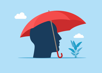 Head under umbrella protects against risk. Business resilient to survive difficulty. Protection, safety, protection Idea. Modern vector illustration in flat style