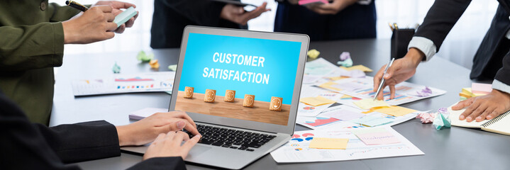 Analyst team use sticky note for creative and analytic brainstorm for business idea with BI data dashboard on laptop screen. Analysis financial data visualization tech for marketing strategy. Prodigy