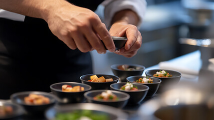 Chef meticulously prepares appetizers with care, adding final touches to each small bowl. Focus on culinary precision and attention to detail. A feast for the senses.