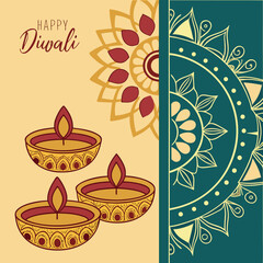 Vibrant vector illustration with a Happy Diwali greeting, featuring three traditional Diya oil lamps with flames and an ornate, detailed Mandala background design. The artwork uses warm gold, yellow, 