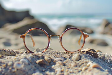 Stylish round eyeglasses are placed on a sandy beach, offering a tranquil view of the ocean waves