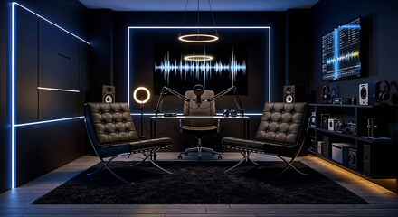 Next-Level Podcasting: A Futuristic Studio with Ambient Lighting, Pro Gear, and Sound wave Aesthetics for Creative Audio Production and Streaming