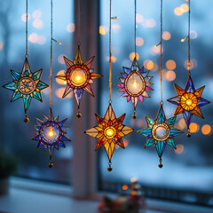 Colorful stained glass Christmas stars on an evening window, perfect for holiday cards, festive banners, seasonal social media, home decor, and Christmas-themed projects.