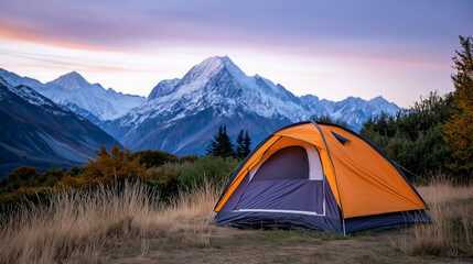 Orange camping tent and gear set against snow-capped mountains at dusk, perfect for adventure travel, hiking, outdoor lifestyle, camping blogs, nature inspiration, and scenic photography.