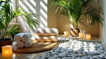 Indoor spa setting with towels plants and stones bathed in sunlight