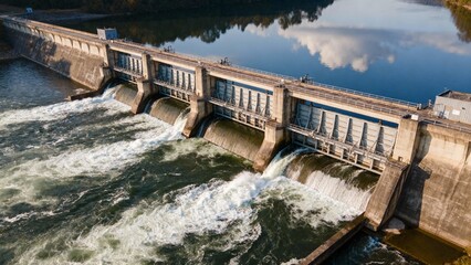 Bask in the sturdy elegance of a dam guarding a serene waterway