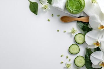 Natural spa background with cucumber slices, white flowers, and green herbal cream on white surface, ideal for skincare product advertising, beauty treatments, and wellness branding