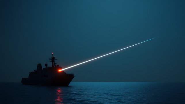 A ship pierces the dark sea with a bright beam, symbolizing strength. Naval might illustrated against the night. A laser streaks across the sky, leaving a trail of light.