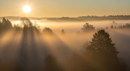 Fototapeta premium Foggy forest landscape sunrise morning mist trees nature woodland sunlight scenic ethereal beauty golden hour