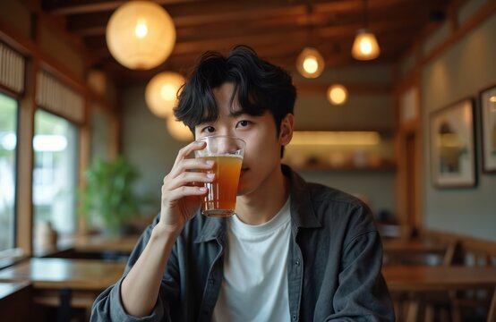 Young Asian man drinks iced tea in cozy Japanese cafe. Looks at camera holding glass of cold brew. Handsome Korean guy relaxes alone in calm restaurant with traditional wooden interior, warm lights. - Powered by Adobe