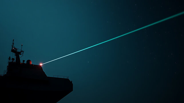 A ship silhouetted against a night sky, emitting a bright laser beam. Stars dot the background, accentuating the stark contrast between the darkness and light, technology and cosmos.