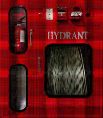 Red hydrant cabinet with extinguisher, hose, alarm, suitable for safety, emergency, fire prevention, protection, industrial, public places, equipment.