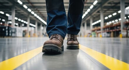 Obraz premium Person walking in work boots on warehouse floor