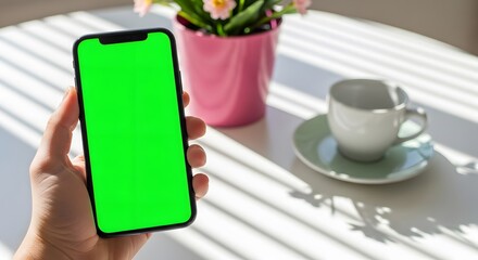 Hand holding a smartphone with a green screen next to a coffee cup and flowers on a sunlit table.