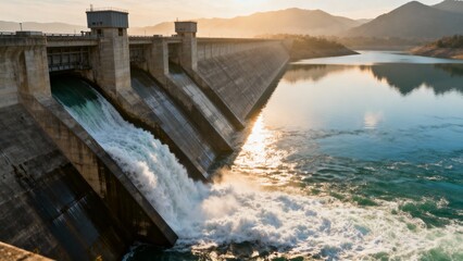 Capture the unyielding strength of a dam against a flooding river