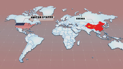 This image shows a 3D world map highlighting the United States and China. © ran