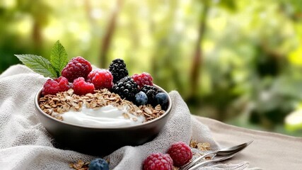 Enjoy a wholesome start to the day with a bowl of granola topped with fresh berries. This nourishing option combines taste and nutrition, ideal for health-conscious individuals
