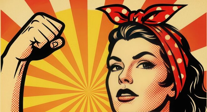 Strong woman raising fist against retro sunburst background - Powered by Adobe