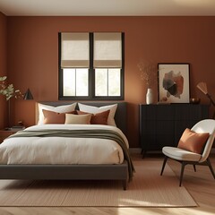 A Contemporary Bedroom of Soft Neutrals and Golden Accents, Featuring an Upholstered Beige Headboard, Geometric White Bedding, and a Gentle Glow That Evokes Serenity and Subtle Glamour.