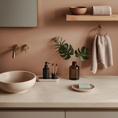 A Modern Bathroom Sanctuary with a Crisp White Countertop Basin, Eco-Friendly Bamboo Accessories, and a Plush Towel Resting on a Warm Wooden Surface, Designed for Conscious Living and Effortless Style