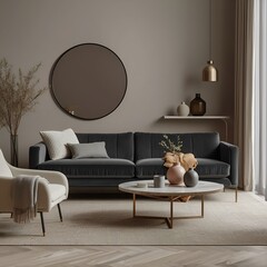 Modern Luxury Living, Soft Neutrals, Velvet Comfort, and Warm Golden Glow