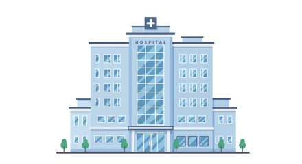 Obraz premium Illustration of a light blue hospital building with a cross on top.