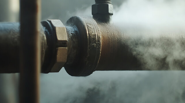 An aged pipe system, highlighted by its metallic luster and a cloud of vapor escaping. The photo captures a sense of industrial machinery and the process of steam dispersion.