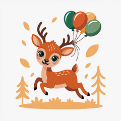 Cute Whimsical Deer Hopping with balloons Vector Illustration