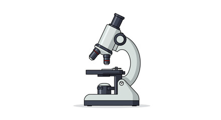 Illustration of a white and gray microscope on a white background.