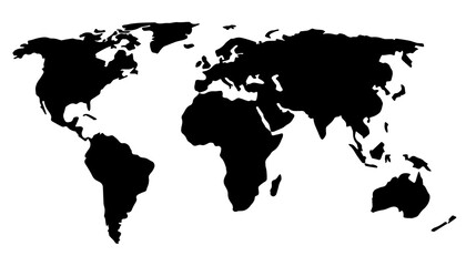 World Outlines. A minimalist world map depicting black continents on a transparent background. The simplicity of the form emphasizes the universality and interconnectedness of all continents.