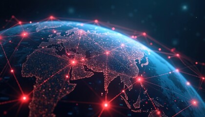 Digital globe with red network connections represents global data transfer. Lines, nodes over world map show interconnectedness internet. Tech visualization illustrates global network digital