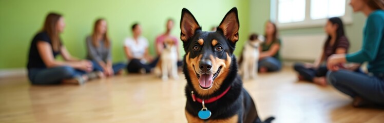 Dog in training class sits in foreground. People sit on floor with pets. Pet obedience education group lesson. Dogs learn, focus on handler with positive training in friendly atmosphere. Canine