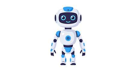 Cartoon robot with blue accents on a white background.