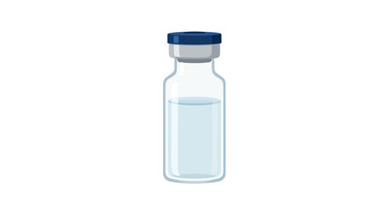 Glass vial with blue cap containing clear liquid, isolated on white.