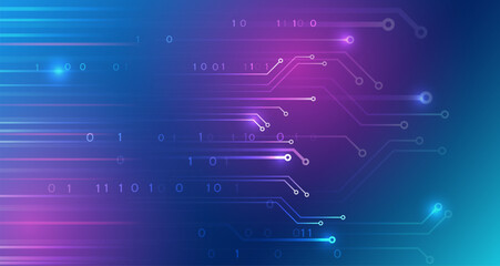 Perfect for digital innovation, high-tech systems, and futuristic networking themes. Abstract technology background with glowing circuit lines and a binary grid in a blue-violet gradient.