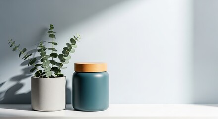 Eucalyptus plant in a pot and blue jar on a white shelf with sunlight shining through the window, creating a peaceful atmosphere