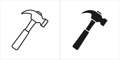 Set of two icons representing a hammer, one outlined and one solid black