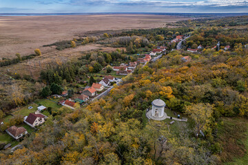 Aerial view of Gloriette in Fertőboz with Lake Fertő in autumn
