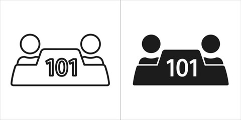 Two icons representing people at a table with the number 101, one outlined and one solid black, isolated on a