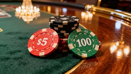 Savor the polished elegance of a chip stack in a luxurious casino