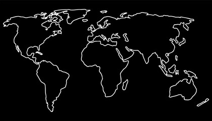 World Outlines. A minimalist world map depicted as white lines with a black fill on a dark background. The simplicity of the form emphasizes the universality and interconnectedness of all continents. 
