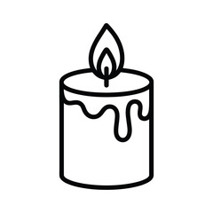 Candle with flame and melting wax on white  background