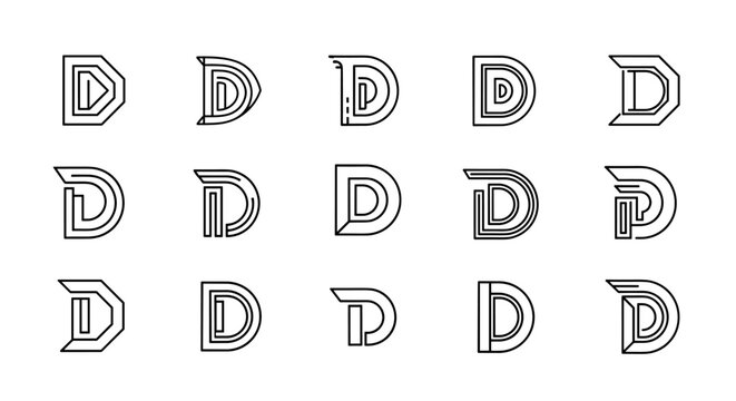 A collection of stylized, abstract, and geometric letter D designs, presented in a grid layout. Each 'D' features unique contours, sharp edges, and subtle curves, showcasing a variety of modern and